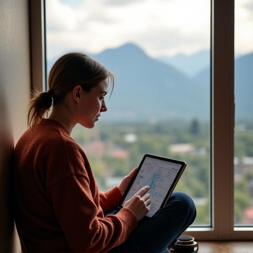 A traveler sitting by a window, planning a trip on a tablet with a scenic view outside.